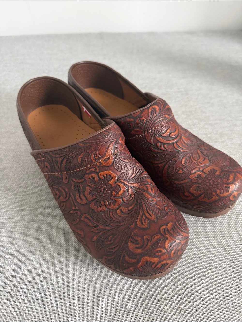 Sanita Embossed Floral Leather Clogs - Brown 7/37